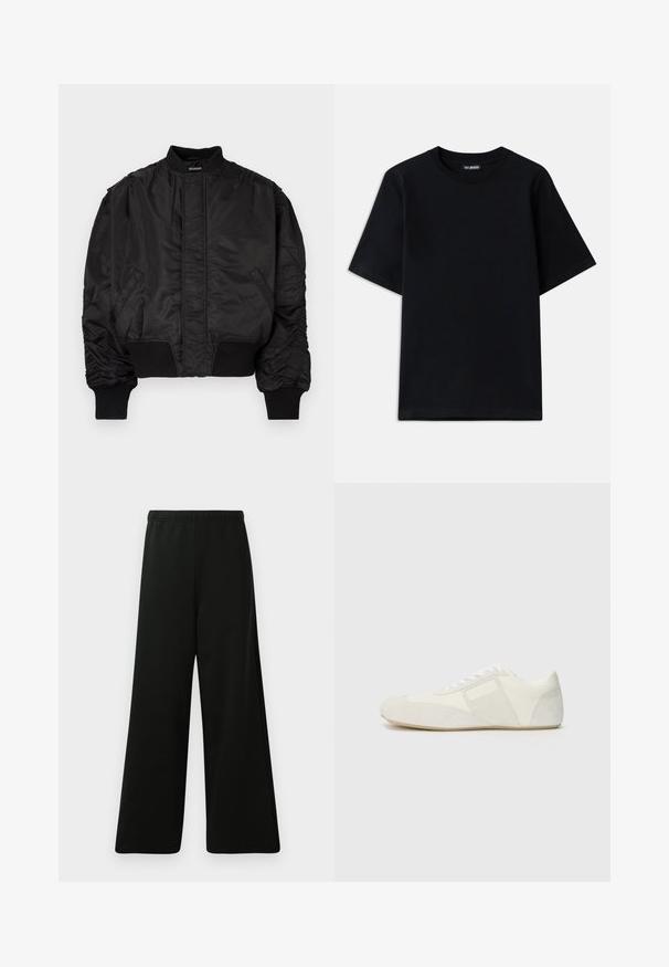 Casaco bomber preto com gola alta, mangas bufantes, punhos e cintura canelados, e acabamento em cetim suave. Possui bolsos laterais.; Camiseta de algodão preta com decote redondo e mangas curtas. Apresenta um discreto bordado do logótipo no lado esquerdo do peito. Textura lisa e suave.; Calças largas pretas feitas de tecido macio. Apresentam um cós elástico, textura suave e um design simples e moderno sem padrões.; Sapatilha atlética branca com um design elegante, apresentando uma biqueira em camurça, painéis em couro e acabamentos texturizados contrastantes. Sola plana de borracha.