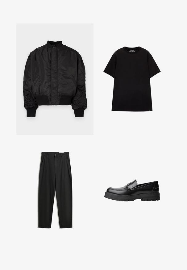 Černá bomber bunda s vysokým límcem, nařasenými rukávy, žebrovanými manžetami a lemem v pase a hladkým saténovým povrchem. Má boční kapsy.; PULL&BEAR JOIN LIFE - Jednoduché tričko - black; Černé bavlněné kalhoty s uvolněným střihem, klasickým pasem, předními záhyby a bočními kapsami. Hladká textura bez vzorů.; Černé kožené mokasíny s masivní podrážkou a dekoračním páskem přes horní část, zobrazené v levém bočním profilu na bílém pozadí.