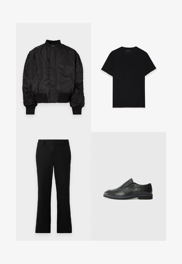 Melna bombers jaka ar augstu apkakli, uzpūstām piedurknēm, ribotām aprocēm un jostasvietu, kā arī gludu satīna apdari. Ir sānu kabatas.; Melna īsām piedurknēm T-kreklu ar strukturētu audumu, ar baltām akcents uz piedurknēm. Apaļa kakla izgriezums, brīvs griezums.; Melni plati bikses, izgatavotas no kokvilnas sajaukuma auduma, ar pogu aizdari, jostas cilpām un gludu tekstūru, bez redzamām rakstām.; Melnas ādas slip-on kurpes ar gludu augšdaļu, izšūtām akcentiem, noapaļotu purngala daļu un zemu gumijas papēdi. Zole ar minimālu rakstu.