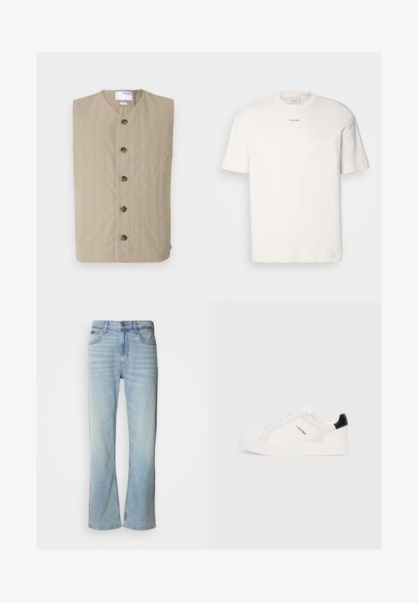 Beige quiltet vest med rund hals krave og seks mørke knapper foran. Flatt tekstur og ermeløs design, passende for lagdeling.; Hvit bomulls T-skjorte med rund hals, korte ermer og brodert "Calvin Klein" logo i midten av brystet. Enkel design.; Lyseblå denim jeans med rett ben, med fem lommer, knappelukking og subtile falminger på stoffet.; Hvite sneakers med lys rosa og svarte detaljer, med glatte lær- og semskede paneler, rund tå og flat gummisåle.