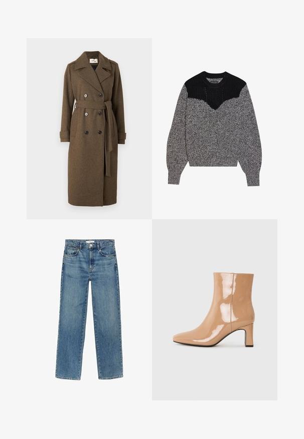 Modström SHAYMD COAT - Trenčkot - espresso melange; Pletena tunika v črni in sivi barvi. Ima teksturirano črno yoko in v-obliko obliko. Dolgi rokavi z rebrastimi manšeti; mehka, debela tekstura.; Svijetloplave traperice s ravnim nogavicama, pet džepova i dugmetom za zatvaranje na struku. Imaju vidljivo šivanje i izblijedjeli finiš.; Nude patentne gležnjarje z ostrim nosom, bleščečo površino in srednje visokim blok peto. Gladka tekstura in eleganten silhuet.