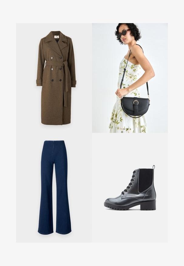 Modström SHAYMD COAT - Ballonkabát - espresso melange; Modström KATJAMD TOP - Blúz - black; Sötétkék, trapéz szabású farmernadrág, rugalmas derékkal. Simás textúrával és széles lábszárral rendelkezik, amely a szegélyig terjed.; Fekete lakkbőr bokacsizma, blokksarkú, fűzős elülső résszel és elasztikus oldalsó panelekkel a könnyű felhúzás érdekében. Strapabíró talp a tapadásért.; Fekete bőrtáska ívelt formával, levehető pánttal és arany színű fémrészekkel. A táskán egy csattal díszített fedél található.