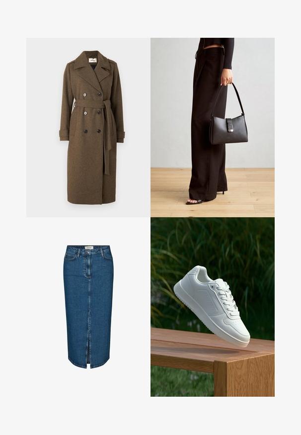 Modström SHAYMD COAT - Trenci - espresso melange; Tricou lung cu mânecă, gri cu dungi, cu guler rotund și croială lejeră. Dungile verticale în gri deschis contrastează cu textura mai închisă a materialului.; Fustă tip creion din denim de culoare albastru închis, cu o fanta frontală, cinci buzunare și cusături contrastante. Talie medie cu un design clasic.; Sneaker alb cu un upper sintetic neted, cu vârf perforat, șireturi plate și o talpă texturată, expus pe o suprafață de lemn.; Genți negre cu o formă structurată, textură netedă și un închizător metalic. Asortată cu pantaloni negri largi și sandale cu vârf deschis pe un podea din lemn.