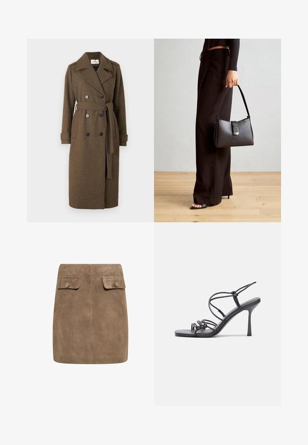 Modström SHAYMD COAT - Trenčkot - espresso melange; Sivý pruhovaný top s dlhým rukávom a okrúhlym výstrihom s voľným strihom. Vertikálne pruhy v svetlosivej farbe kontrastujú s tmavšou textúrou látky.; Hnedá semišová mini sukňa s hladkou textúrou, ktorá má dva predné vrecká s klopou a gombíkové zapínanie na každej strane. Jednoduchý, rovný dizajn.; Čierne sandále na vysokom podpätku majú tenké remienky s uzlovým dizajnom, hladký štvorcový špičku a elegantný stiletto podpätok.; Čierna kabelka so štruktúrovaným tvarom, hladkou textúrou a kovovou sponou. V kombinácii so širokými čiernymi nohavicami a sandálmi s otvorenou špičkou na drevenej podlahe.