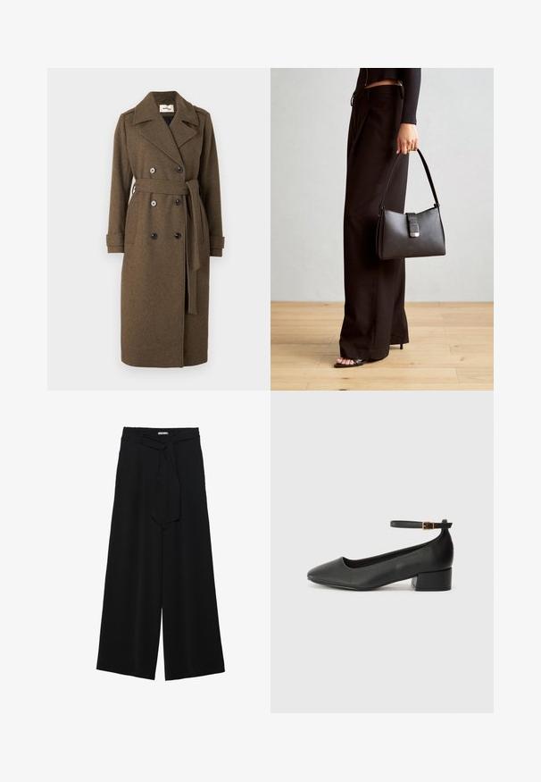 Modström SHAYMD COAT - Trenchcoat - espresso melange; Gråstripet langermet topp med rund hals og løs passform. Loddrette striper i lys grå kontrasterer mot den mørkere teksturen på stoffet.; Svart vide bukser med teksturert stoff, elastisk midje og avtagbart belte som gir justerbar passform.; Sorte skinnpumper med spiss tå og lav blokkhelt. Har ankelrem med gullfarget spenne. Glatt tekstur.; Svart håndveske med strukturert form, jevn tekstur og metallisk lås. Kombinert med brede svarte bukser og sandaler med åpen tå på tregulv.
