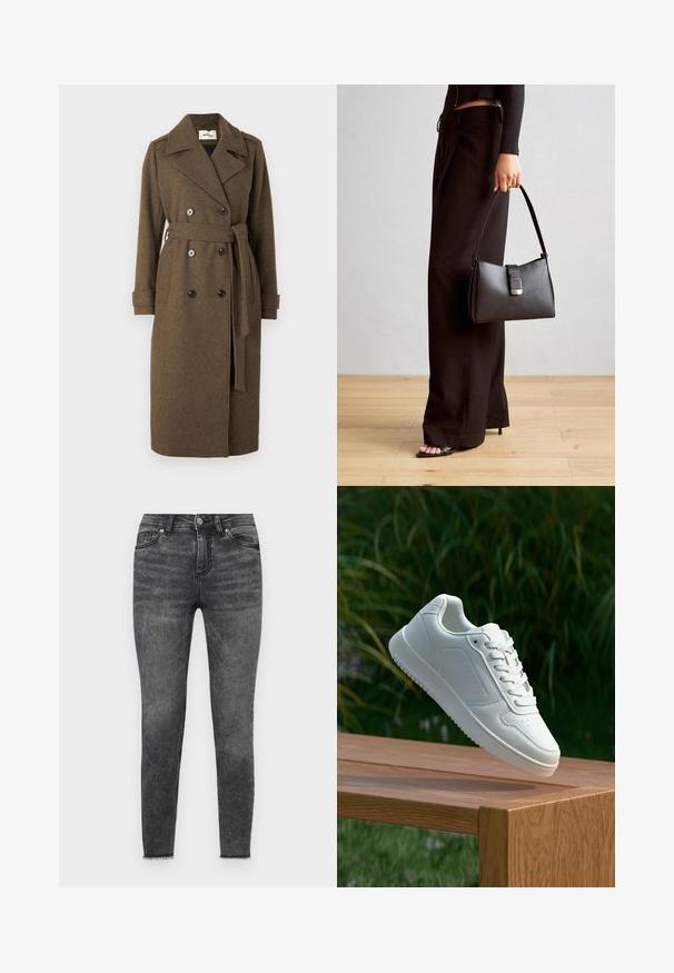 Modström SHAYMD COAT - Trenčkot - espresso melange; Siva prugasta majica s dugim rukavima, okruglim izrezom i opuštenim krojem. Vertikalne pruge svijetlosive boje kontrastiraju sa tamnijom teksturom tkanine.; Črne ozke kavbojke iz denima, z blagim obledanjem, tradicionalnim petim žepom in strganim robom pri gležnjih.; Bela teniska s gladkim sintetičnim zgornjim delom, perforiranim prednjim delom, ravnimi vezalkami in teksturiranim podplatom, prikazana na leseni površini.; Črna torbica z strukturirano obliko, gladko teksturo in kovinskim zaponko. Ujemajo se z širokimi črnimi hlačami in odprtimi sandali na lesenem tleh.
