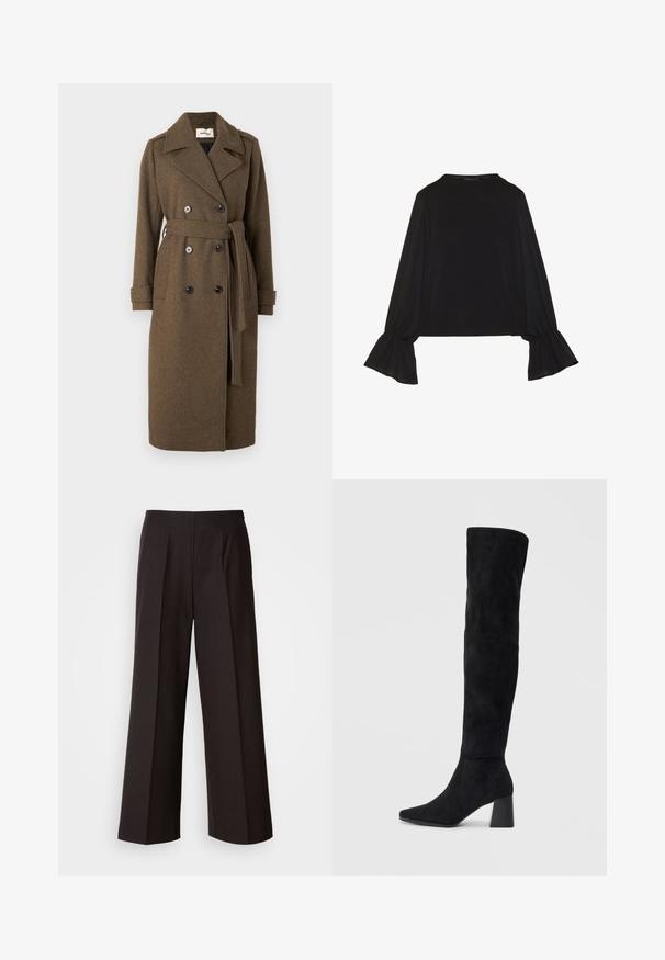Modström SHAYMD COAT - Trenssi - espresso melange; Musta pitkähihainen toppi, jossa on levenevät hihansuut, pehmeä rakenne ja rento fit, yksinkertaisella pyöreällä pääntiellä.; Mustat leveälahkeiset housut, joissa on tasainen etu, laskokset ja sileä kankaan rakenne. Ominaisuudet korkea vyötärö ja räätälöity leikkaus rakenteellisen istuvuuden saavuttamiseksi.; Musta samettinen polvipitkä saapas, jossa on lohkarekorko, terävä nilkka ja sileä, saumatonta muotoilua tasaisella vaalealla taustalla.