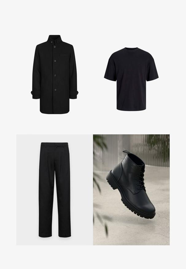 Juodos vilnos mišinio paltas su aukštu apykakle, priekyje su mygtukų uždarymu, dviem šoninėmis kišenėmis ir viena krūtinės kišenė. Rankovėse yra mygtukų detalizacija.; Juodas medvilninis marškinėlis su apvaliu iškirpimu, trumpomis rankovėmis ir laisvu siluetu. Glotni tekstūra, be matomų raštų ar akcentų.; Juodi kelnių modeliai, pagaminti iš lygios medžiagos, turi tiesią kojas, du priekiniai klostės ir standartinę juosmenį su diržo kilpomis.; Juodi odiniai auliniai batai su apvaliu pirštu, su raišteliais ir tvirtu guminio pado dizainu. Romus paviršius su kilpeliu gale.