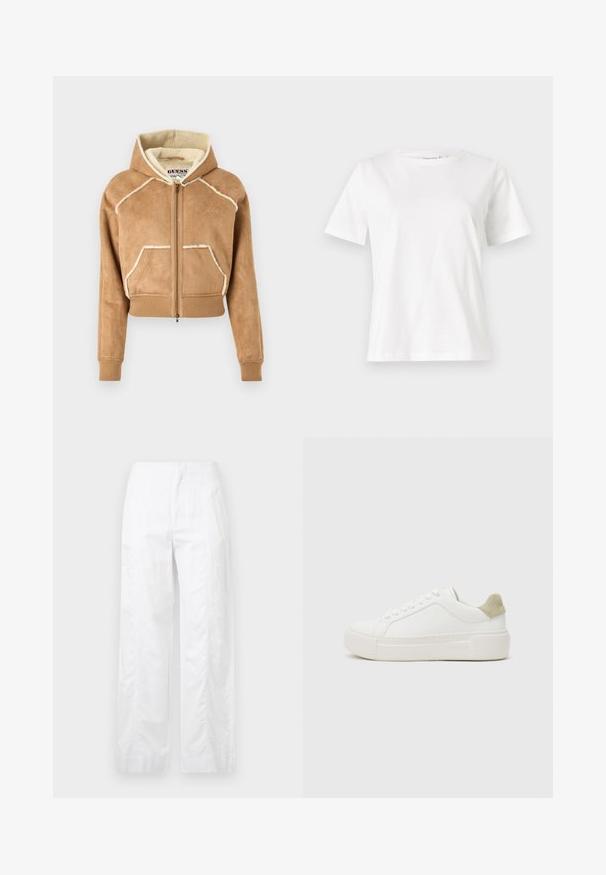 Lühendatud pruun nubukist kapuutsiga jakk, millel on karvane vooder, esitaskud ja soonikkudumiga varrukad ning allääred. Valged aksentõmblused.; Valge puuvillane T-särk lühikeste varrukatega, ümmarguse kaelusega ja vabalt istuv. Sile tekstuur, ilma mustrite ja aktsentideta, minimalistik disain.; Valged laiad püksid, mis on valmistatud kergetest materjalidest, omades siledat tekstuuri, puhtaid jooni ja kõrget vöökohta.; Valged tennised sileda nahast peals, heledast hallist nahast kanna detailiga ja paksu valge kummitald. Omab sidumisdisaini.