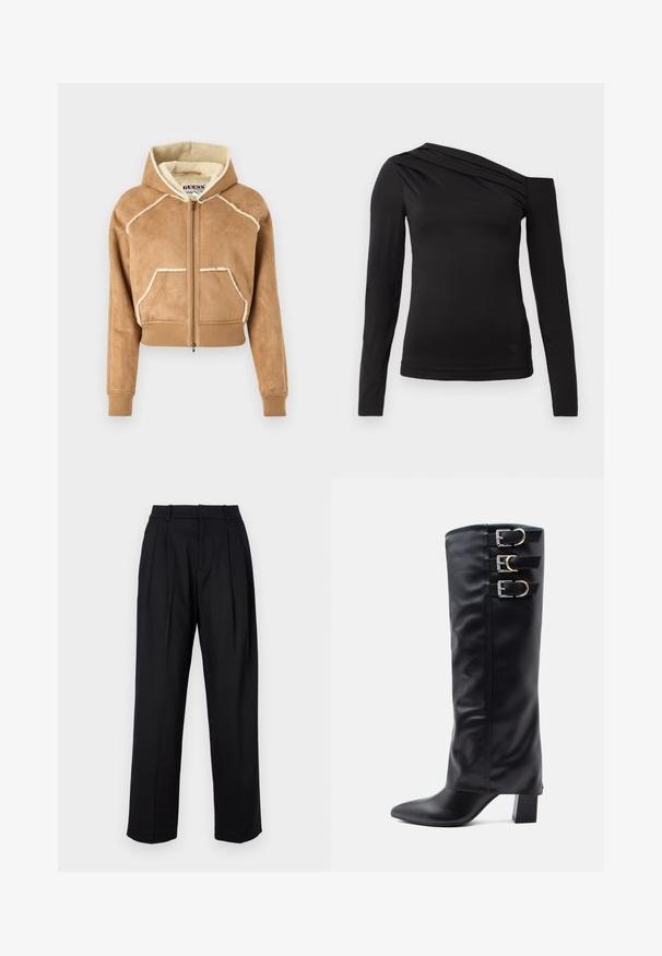 Gekürzter brauner Wildleder-Hoodie mit einem flauschigen Futter, ausgestattet mit einem Reißverschluss vorne, frontalen Taschen und gerippten Bündchen und Saum. Weiße Akzentnähte.; Schwarzes langärmliges Oberteil mit asymmetrischem Ausschnitt, eines der Schultern ist frei und sanft drapiert über der Brust.; Schwarze Hose mit maßgeschneidertem Design, featuring eine hohe Taille, Falten und geraden Beinen. Hergestellt aus glattem Stoff in einfarbiger Ausführung.; Schwarze knöchelhohe Stiefel aus glattem Kunstleder mit einer spitzen Zehenform, die an der Seite drei silberne Schnallenakzente und einen klobigen Absatz haben.