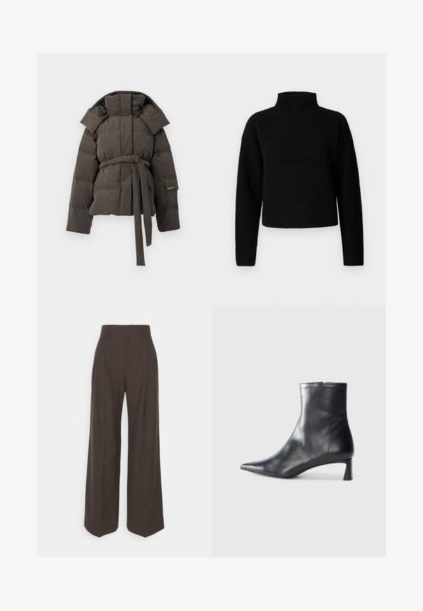 Tamsiai pilkas pūkinis švarkas su diržo juosmeniu, per dideliu apykakle ir siūlėmis siuvinėjimu. Lygus paviršius, nėra matomų raštų ar detalių.; Juodas ribotas golfas su ilgomis rankovėmis ir trumpu dizainu. Tekstūra atrodo storai megzta, be matomų raštų ar puošmenų.; Tamsiai rudos platėjančios kelnės su aukštu liemeniu, pasižyminčios tvarkingai prispaustomis raukšlėmis, lygia tekstūra ir pritaikytu siluetu.; Juodas odinis kulkšninis batas su smailiu pirštu ir elegantišku dizainu. Turi žemą kulną ir užtrauktuką gale. Lygi tekstūra.