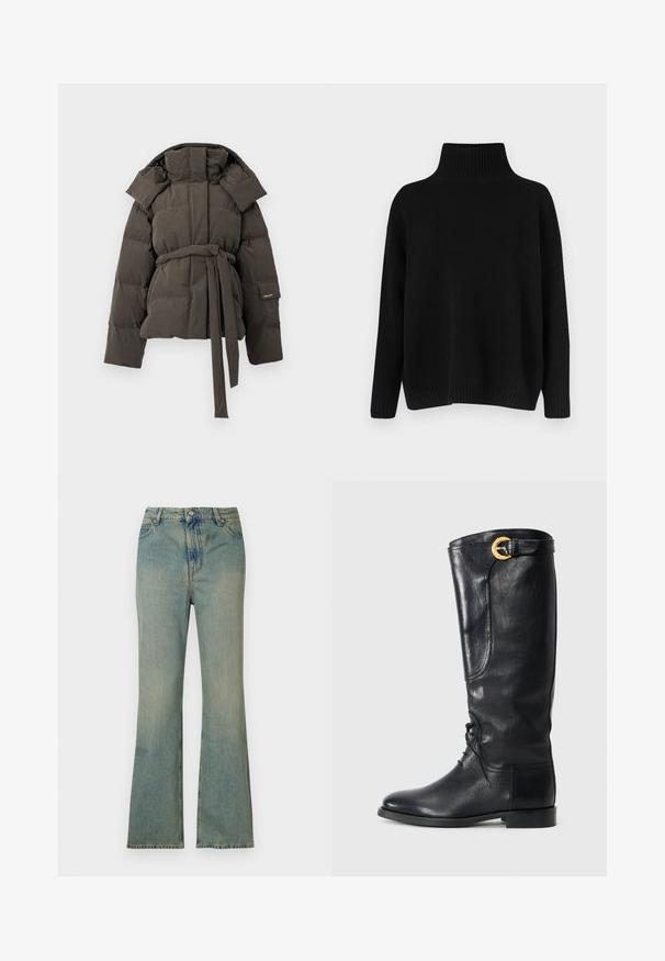 Casaco acolchoado em cinza escuro, com uma cintura com cinto, gola oversized e enchimento cosido. Textura suave, sem padrões visíveis ou ferragens.; Camisola preta de malha com gola alta canelada, ombros caídos e corte solto. Apresenta punhos e bainha canelados para dar textura.; Jeans flare de denim azul claro com cintura alta, cinco bolsos e fecho de zipper. Acabamento limpo e desbotado com detalhes de costura subtil.; Bota de couro preta até ao joelho com bico arredondado, atacadores à frente, detalhe lateral e uma fivela dourada no topo. Textura suave.