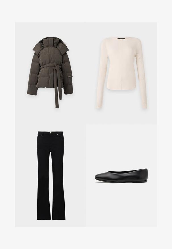 Casaco acolchoado em cinza escuro, com uma cintura com cinto, gola oversized e enchimento cosido. Textura suave, sem padrões visíveis ou ferragens.; Camisola de mangas longas, bege claro, com decote redondo. Feita de um tecido macio, apresenta uma costura central e uma bainha ligeiramente curva. Sem ferragens visíveis.; Calças pretas de ganga em corte flare, com dois bolsos frontais, fecho com botão e uma textura suave. Costura característica visível nas costuras.; Paul Smith TOPANGA - Sabrinas - black