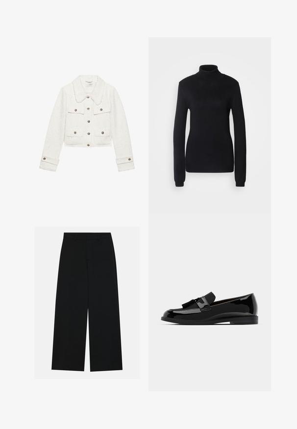 Biała krótka kurtka z teksturowanej tkaniny, z kołnierzem wykończonym futrem, metalowymi guzikami oraz dwoma przednimi kieszeniami z klapkami.; Czarny sweter typu golf wyk wykonany z miękkiego dzianinowego materiału, z długimi rękawami i dopasowanym krojem, z prążkowanym kołnierzem i dołem.; Szerokie czarne spodnie wykonane z gładkiego materiału. Posiadają płaski pas z szlufkami na pasek oraz brak widocznych kieszeni. Prosty design.; Czarne lakierowane mokasyny na płaskim obcasie, z akcentem w postaci frędzelka i gładką powierzchnią, zaprojektowane z okrągłym noskiem i subtelnym przeszyciem.