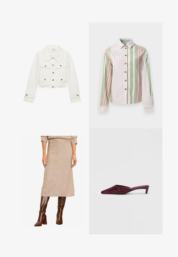 Balta trumpa striukė, pagaminta iš tekstūruoto audinio, su dirbtinio kailio apykakle, metaliniais mygtukais ir dviem priekiniais kišenėmis su atverčiamais dangteliais.; Dryžuota marškinėlių palaidinė žaliai, baltai ir rožinei. Su apykakle, ilgomis rankovėmis ir išlenktu hemu, turinčiu kontrastingus rankogalius ir sagas.; Moteris demonstruoja kremiškai rudą megztinį ir derančią midi sijoną, kartu su madingais rudo spalvos ilgaašiais batais, stovinti pasitikėdama savimi.; Burgundiškos mules, pagamintos iš minkštos zomšos, su smailiu nosiu, atvira nugara ir plona, žema pakulne, kuri suteikia elegantišką siluetą.