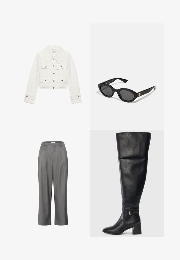 Fehér, rövidített kabát, texturált anyagból készült, prémes gallérral, fém gombokkal és két elöl található, fedett zsebbel.; Hosszú ujjú garbós felső világos bézs színben. Puha, rugalmas anyagból készült, laza fazonnal és hajtott nyakkivágással.; Szürke, egyenes szabású, cippzáros nadrág, pleatelt előlappal, sima szövet textúrával és klasszikus derékrésszel.; Fekete, térd fölé érő bőr csizma, blokksarkú és díszítő pánttal, arany csattal a boka felett, oldalnézet fehér háttérrel.; Fekete ovális napszemüveg sötét lencsékkel és fényes műanyag kerettel. Aranyszínű logóval rendelkezik a szárán, amely elegáns és modern megjelenést biztosít.