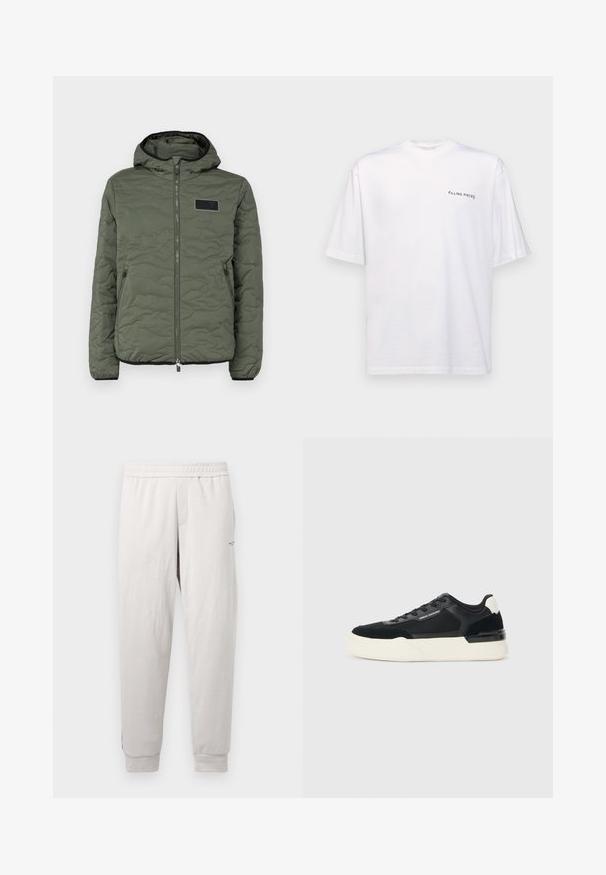 Φουσκωτό μπουφάν με κουκούλα σε ελιά χρώμα, με φερμουάρ, πλαϊνές τσέπες και μαύρη тканτική ετικέτα στο στήθος. Λεπτομέρεια υφής.; Λευκό κοντομάνικο μπλουζάκι από βαμβάκι με V-λαιμό, διαθέτει μαύρο λογότυπο "FILLING PIECES" τυπωμένο στην αριστερή πλευρά.; Ανοιχτό γκρι φούτερ παντελόνι με ελαστική μέση, πλευρικές τσέπες, ριγωτές μανσέτες και διακριτική επωνυμία στο πόδι, κατασκευασμένο από μαλακό ύφασμα.; Μαύρο αθλητικό παπούτσι από τούλι και δέρμα, με πα chunky λευκή σόλα και αντίθετα χρώματα. Λάστιχα και λεπτομέρεια λογότυπου στο πλάι.
