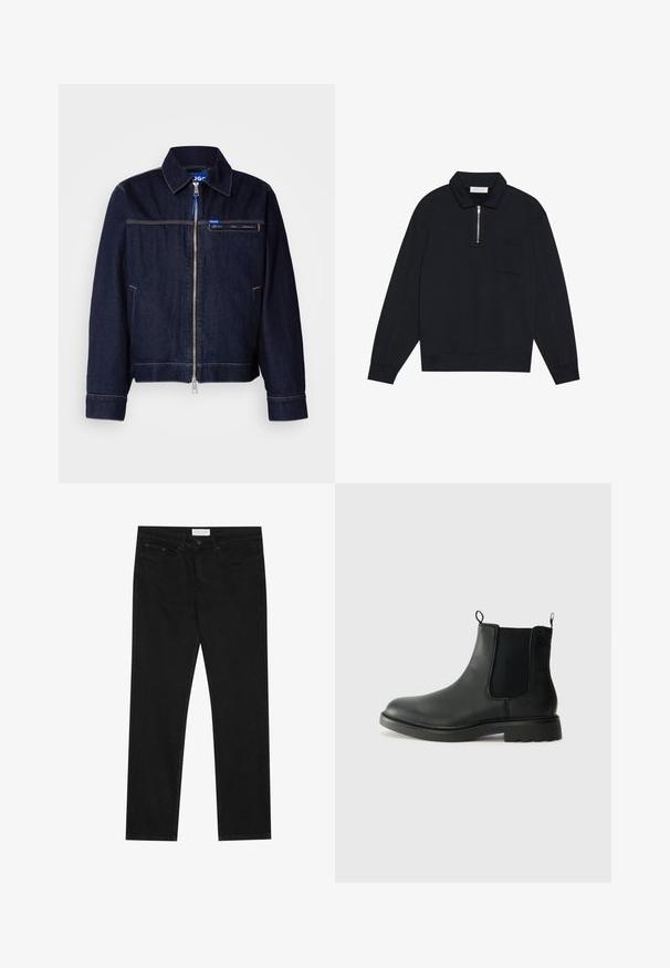 Tummansininen farkkutakki, jossa on etuvetoketju, pistoketju ja rintatasku, jossa on kontrastiväriset ompeluompelut.; Pier One Collegepaita - black; Mustat suorat farkut, joissa on viisi taskua, napilla ja vetoketjulla varustettu sulkeminen, sekä Pier One -brändilogo vyötärölle.; Mustat nahkaiset Chelsea-saappaat, joissa on joustavat sivupaneelit, vetolenkit, pyöristetyt varpaat ja teksturoitu kumipohja. Sileä pinta ja kestävä muotoilu.