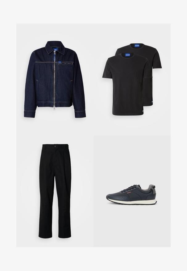 Temno modra jeans jakna z zadrgo spredaj, s točkastim ovratnikom in žepom na prsih s kontrastnimi šivi.; Dve črne bombažne majice s kratkimi rokavi in okroglim izrezom, z modrimi oznakami "HUGO" na ovratnikih in stranskih robovih.; Črne hlače ravnega kroja z gumbastim pasom, zanke za pas in sprednjim pregibom, prikazane na enobarvnem belem ozadju.; Temno modri čevlji za tek z gladkim sintetičnim zgornjim delom, okroglo konico, sivimi poudarki, sistemom vezalk in belim srednjim podplatom s teksturiranim črnim zunanjim podplatom.