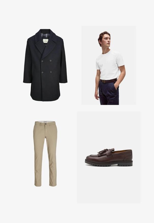 Cappotto in lana navy con bottoni doppi, rever ampi e tasche laterali. Presenta una fodera interna a quadretti. Silhouette strutturata.; T-shirt bianca in cotone con scollo rotondo, indossata con pantaloni plissettati blu navy e una cintura in pelle marrone con fibbia dorata.; Pantaloni in cotone beige con vestibilità slim, dotati di zip frontale, chiusura con bottone e quattro tasche. Texture liscia, senza motivi o accenti.; Zign Mocassini eleganti - brown