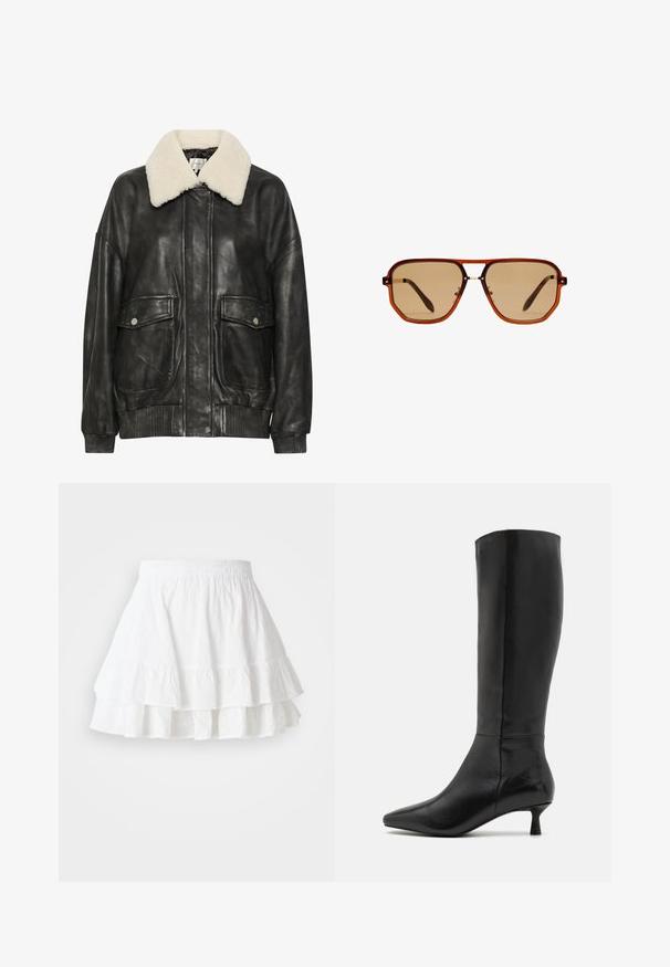 Gestuz ALMANA - Giubbotto Bomber - black; Maglione a collo alto nero con maniche lunghe, realizzato in un tessuto a maglia liscia. Presenta un corpetto attillato e polsini e orlo a costine.; Gonna bianca a strati realizzata in tessuto leggero con motivo a occhiello e orlo arricciato. Presenta una vita elastica per maggiore comfort.; Zign Stivali alti - black; Occhiali da sole ottagonali marroni con montatura trasparente color ambra e lenti sfumate marroni. Caratterizzati da un accento metallico sul ponte e stecche sottili.; Borsa a tracolla in suede marrone con doppio manico, chiusura a bottone e una forma rilassata, leggermente morbida.