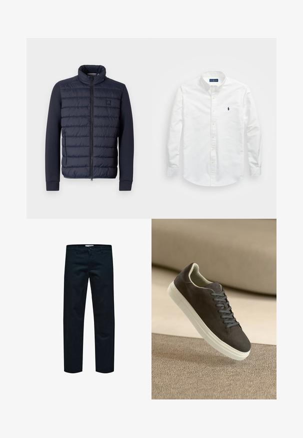 Mornarsko pufferjakna z visokim ovratnikom, z zadrgo spredaj in rebrastimi rokavi. Ima prešito vzorčje na telesu in majhen logotip.; Bela srajca z gumbi, izdelana iz bombaža. Ima ostro ovratnik, dolge rokave in majhen mornarsko modri logotip na prsih. Gladka tekstura.; Črne bombažne hlače z ravnim krojem, ki imajo preprost gumbasti odpiralko in standardne žepe. Gladka tekstura in brez vidnih vzorcev.; Temno sivi semiš športni čevlji z ujemajočimi se vezalkami in belim gumijastim podplatom, postavljeni nad teksturirano bež površino s sladkim ozadjem.