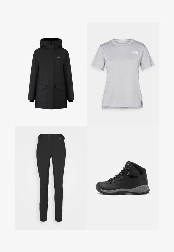 Juoda neperšlampama striukė su kapišonu, užtrauktuku, dviem priekinėmis kišenėmis ir logotipu. Lygus išorinis paviršius, laisvo kirpimo ir rankogalių detalės.; Pilkas trumpomis rankovėmis marškinėliai, pagaminti iš minkštos, drėgmę sugeriančios medžiagos. Turi apvalią iškirptę ir mažą baltą logotipą viršutiniame kairiajame kampe.; Juodos, prigludusios kelnės, pagamintos iš lankstaus medžiagos. Ypatybės: šoninis kišenės užtrauktuku, suformuotos kelių sritys ir lygi tekstūra.; Juodas žygio botas su vidutinio aukščio dizainu, pasižymintis tekstūruota viršutine dalimi, pilkų akcentų ir patvaria guma padanga su sukibimo gumbais.