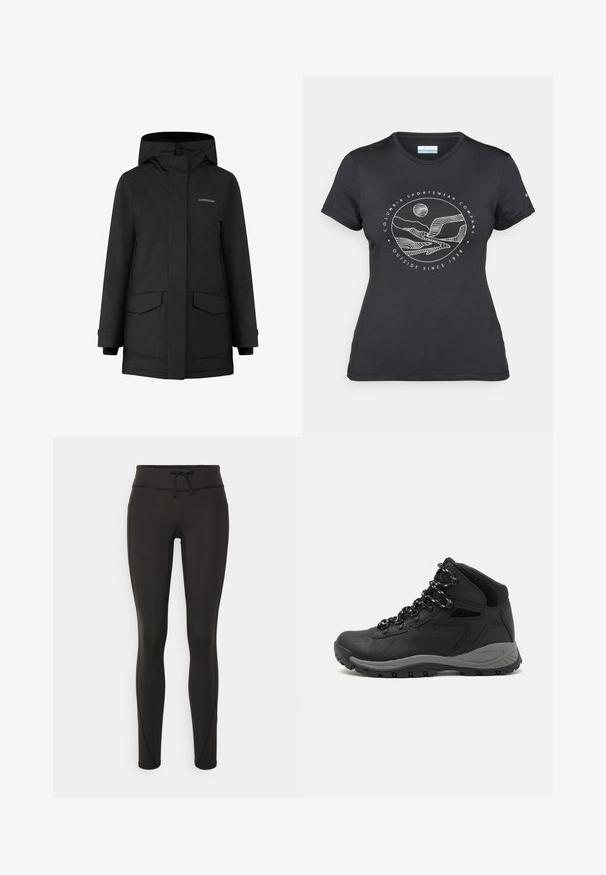 Fekete vízálló dzseki kapucnival, cipzáras záródással, két elülső zsebbel és logóval. Simakülső, laza szabású, mandzsettarészletekkel.; Fekete Columbia póló fehér, kör alakú hegy és folyó vonalrajzzal, valamint a "Columbia Sportswear Company Outside Since 1938" felirattal.; Fekete leggings magas derékkal, zsinórral, sima textúrával és testhezálló kialakítással. Oldalt varrási részletekkel rendelkezik.; Fekete túracipő közepes magasságú kialakítással, texturált felsőrésszel, szürke részletekkel és strapabíró gumitalppal, amelynek tapadós kiemelkedései vannak.