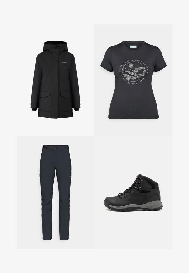 Jachetă neagră impermeabilă, cu glugă, fermoar, două buzunare frontale și un logo. Exterior neted, croială lejeră și detalii la manșete.; Tricou negru Columbia cu artă liniară albă circulară reprezentând munți și un râu, împreună cu textul "Columbia Sportswear Company Afară din 1938."; Pantaloni de exterior pentru bărbați, gri închis, fabricați dintr-un material flexibil, cu un brâu, buzunare cu fermoar și cusături consolidate.; Botă de drumeție neagră cu un design mediu, având un material texturat, accente gri și o talpă din cauciuc durabilă cu crampoane pentru aderență.