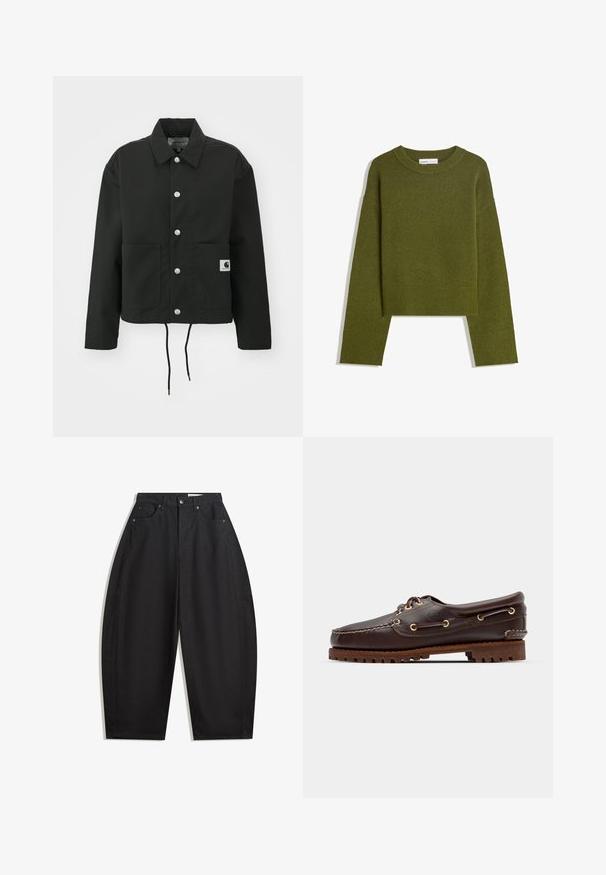 Schwarz gekürzte Jacke aus strapazierfähigem Stoff. Mit klassischem Kragen, silbernen Druckknöpfen, zwei Fronttaschen und verstellbarem Kordelzug am Saum.; Olivgrüner Strickpullover mit Rundhalsausschnitt, langen Ärmeln und geripptem Saum. Verfügt über ein kurzes Design mit einer weichen, strukturierten Oberfläche.; Schwarze weit geschnittene Hosen aus Baumwolle mit hoher Taille, fünf Taschen und Metallknopfverschluss. Glatte Textur und keine sichtbaren Muster.; Braune Lederbootsschuhe mit goldenen Ösen, runden Schnürsenkeln und einer strukturierten braunen Gummisohle. Verfügt über genähte Details und ein erhabenes Logo.