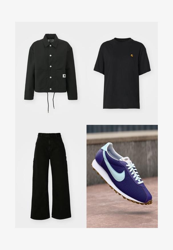 Must must ümber lõikega must jakk, mis on valmistatud vastupidavast kangast. Omab klassikalist kraed, hõbedasi tõmblukke, kahte esist taskut ja reguleeritavat nööriga hemmi.; Must must särk lõdva lõikega. Omab ümmargust kaelust ja lühikesi varrukaid. Rinnal on väike kuldne tikandiga logo.; Must musta laiad jõhkrad püksid, mis on valmistatud denimist, kõrge vöökoha, esise nupu sulgemise ja küljetaskutega. Sile tekstuur minimaalse õmblusega.; Lilla Nike ketsju, millel on helesinine Swoosh, valged paelad ja kummi tallad, näidatud betoonpinna kohal õues hõljuvana.