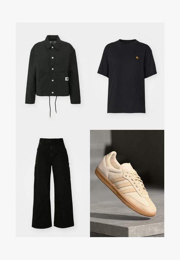 Črna kratka jakna iz trpežnega materiala. Ima klasičen ovratnik, srebrne pritiskače, dve sprednji žepi in nastavljiv rob z vrvico.; Črna bombažna majica s sproščenim krojem. Ima okroglo ovratnik in kratke rokave. Vključuje majhen zlat vezen logotip na prsih.; Črne široke hlače cargo iz denima, z visokim pasom, sprednjim gumbom in stranskimi žepi. Gladka tekstura z minimalnim šivanjem.; Svetlo bež semišni športni copat z gumijastim podplatom, trije poševni trakovi in teksturiran zaščitni del. Vsebuje logotip na ježku in strani.