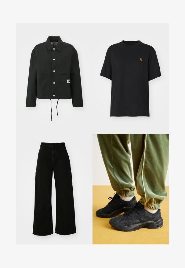 Čierna krátka bunda vyrobená z odolnej tkaniny. Obsahuje klasický golier, strieborné cvoky, dve predné vrecká a nastaviteľný šnúrkový lem.; Čierne bavlnené tričko s voľným strihom. Má okrúhly výstrih a krátke rukávy. Obsahuje malé zlaté vyšívané logo na hrudi.; Čierne cargo nohavice s širokými nohavicami vyrobené z denimu, so zvýšeným pásom, predným zapínaním na gombík a bočnými vreckami. Hladký povrch s minimálnym šitím.; Čierne športové tenisky so sieťovinou a syntetickými prekrytiami, textúrovaná podrážka, v kombinácii so zelenými teplákmi s elastickými manžetami, na žltom povrchu.