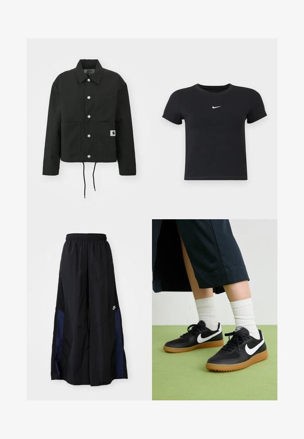 Musta lyhyt takki, joka on valmistettu kestävästä kankaasta. Ominaisuuksiin kuuluvat klassinen kaulus, hopeiset napit, kaksi etutaskua ja säädettävä nyörihelma.; Mustat lyhyet hihattomat t-paidat, jotka on valmistettu puuvillasta ja joissa on pyöreä pääntie. Sisältää valkoisen Nike-logon rinnassa, yksinkertainen muotoilu ja kapea leikkaus.; Musta leveälahkeinen housu, joka on valmistettu kevyestä kankaasta. Housuissa on tummansininen sivupaneeli ja joustava vyötärö. Alhaalla on pieni valkoinen logo.; Mustat nahka- ja synteettiset urheilukengät, joissa on valkoinen Nike-merkki, kuminen pohja, pyöreä kärki ja mustat nauhat. Raitapintaiset valkoiset sukat näkyvissä.