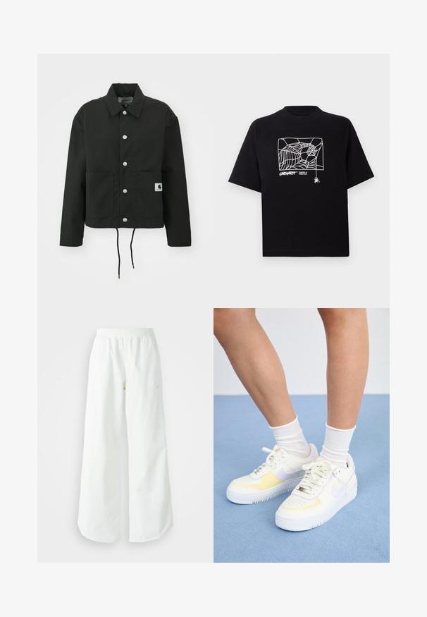 Zwarte cropped jas gemaakt van duurzaam materiaal. Heeft een klassieke kraag, zilveren drukknoopsluitingen, twee voorzakken en een verstelbare trekkoordzoom.; Zwarte T-shirt van katoen met korte mouwen. Voorzien van een witte spinnenwebgrafiek en logo op de voorkant. Eenvoudige ronde halslijn.; Witte atletische broek met wijde pijpen, een geribde tailleband en subtiele logodetails. Soepele stof met een relaxte pasvorm en taps toelopende zoom.; Witte leren sneakers met gele en lavendelkleurige accenten, ronde neus, platte veters en een textuurrubber zool. Gdraag met witte sokken.
