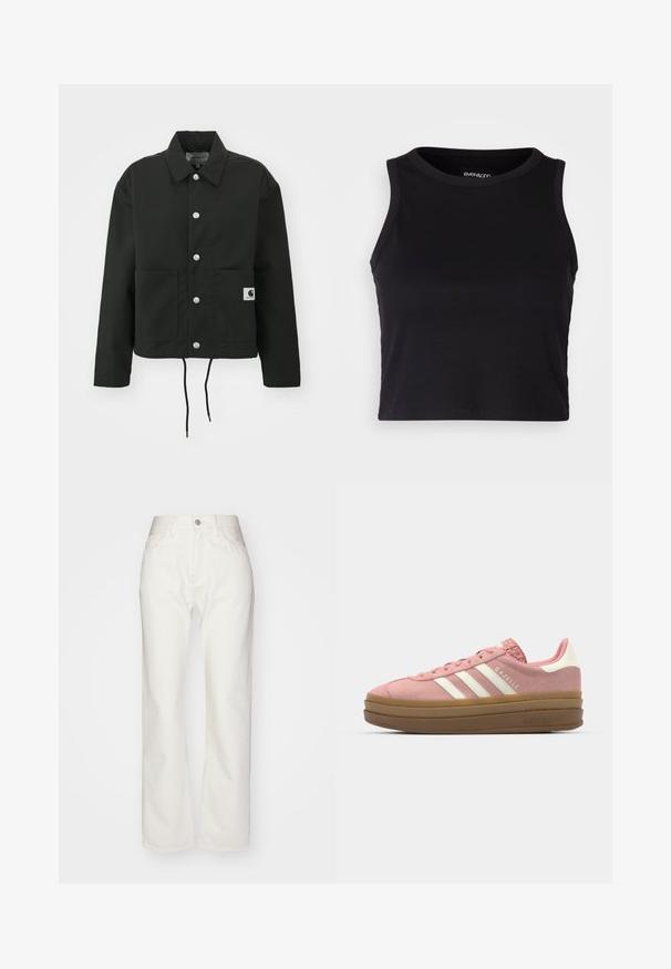 Black cropped jacket made of durable fabric. Features a classic collar, silver snap buttons, two front pockets, and adjustable drawstring hem.; Black ribbed crop tank top with a round neckline and sleeveless design. Made from soft, stretchy fabric, featuring clean hemmed edges.; White denim trousers with a high waist and wide-leg fit. Features a button and zipper closure, belt loops, and subtle stitching details.; adidas Originals GAZELLE BOLD - Trainers - mauve/off white