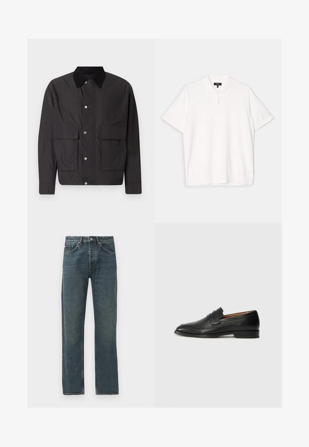 Black jacket made of smooth fabric with a collar, snap buttons, and two front pockets. Features a relaxed fit and minimal design.; White short-sleeve polo shirt featuring a classic collar, three-button placket, and a straight hem. Soft texture and simple design.; Dark blue denim jeans with a straight leg design, featuring five pockets, a button closure, and contrasting stitching details.; Black leather loafer with a rounded toe, subtle stitched detailing, and a low heel, featuring a smooth texture and minimalist design.