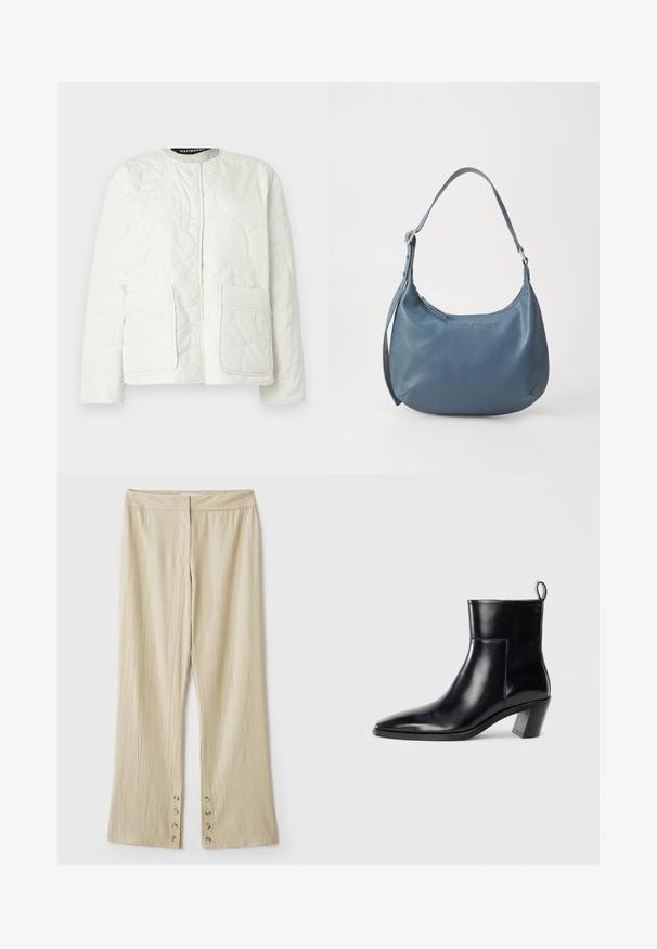 Chaqueta blanca acolchada con cuello redondo, cierres a presión y dos bolsillos delanteros. Material suave con un sutil patrón en relieve.; Camiseta de algodón blanca de manga corta, con cuello redondo y un corte relajado. Textura suave, sin patrones ni acentos, diseño minimalista.; Pantalones de pierna ancha beige con una tela texturizada. Presenta una cinturilla plana y cinco botones en el dobladillo para el cierre. Diseño con plisados.; Botín de piel negra hasta el tobillo con punta afilada, tacón apilado geométrico y una lengüeta en la parte posterior. Textura suave y diseño elegante.; Bolso de piel azul con forma redondeada, correa de hombro única, cierre de cremallera y nombre de la marca en relieve en la parte frontal. Textura suave.