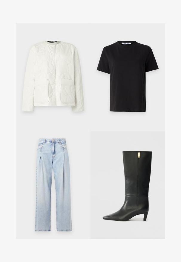 Fehér steppelt dzseki kerek nyakrésszel, patentos záródással és két elülső zsebbel. Puha anyag finom dombornyomott mintával.; Fekete, rövid ujjú póló, puha pamutból készült, kerek nyakkivágással, laza szabással és sima textúrával. Nincs látható minta vagy grafikák.; Világoskék farmernadrág magas derekú, bő szabású, két oldalsó zsebbel és pliszírozott dizájnnal. Puha tapintású, elhalványított felület.; Fekete bőr, térd fölé érő csizma hegyes orral és kis sarokkal. Kifinomult dizájnja arany színű részletekkel bővül. Sima textúra.