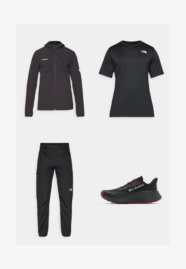 Čierna, ľahká bunda s kapucňou, predným zipsom a textúrovaným povrchom. Obsahuje vrecko na hrudi a biele logo na ľavej strane.; Čierne tričko s krátkym rukávom vyrobené z ľahkej, vlhkosť odvádzajúcej tkaniny. Má biele logo na ľavej strane hrudníka a okrúhly výstrih.; The North Face HORIZON PANT - Outdoorové nohavice - black; Čierna športová obuv s textúrovaným zvrškom, červenými šnúrkami a logom. Hrubá podrážka s vzorovaným dezénom pre trakciu. Minimalistický dizajn, bočný pohľad.
