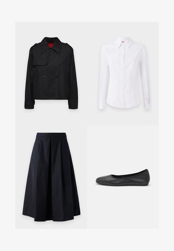 MAX&Co. MOLLA - Let jakke / Sommerjakker - schwarz; Hvid langærmet skjorte med spids krave, frontlukning med knapper og tætsiddende design. Glat bomuldsstof med subtile syninger.; Sort A-linje nederdel lavet af glat stof, med plisséer og en bred talje. Nederdelen falder lige over anklen.; Sort læderballetsko med rund tå, glat tekstur, minimal syning og et fleksibelt såldesign.