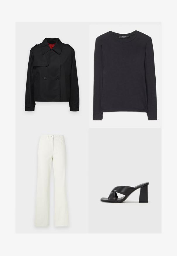 MAX&Co. MOLLA - Vasaras jaka - schwarz; Melns krekls ar garām piedurknēm un noapaļotu kakla izgriezumu, izgatavots no mīkstas auduma. Tam ir vienkāršs dizains un smalki izšuvuma detaļas pa apakšmalu.; Balti izlaidi džinsi ar piecām kabatām, priekšpuse aiztaisāma ar pogu un aprīkoti ar jostas cilpām, izgatavoti no gludas kokvilnas maisījuma auduma.; MAX&Co. SOHO - Augstpapēžu sandales - schwarz