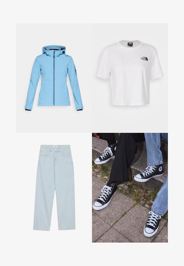 CMP ZIP HOOD - Giacca softshell - niagara; T-shirt bianco cropped in cotone con scollo rotondo e maniche corte. Presenta un logo nero sul lato sinistro del petto.; Jeans azzurri a gamba larga in denim, con vita media, cinque tasche e chiusura con bottone accompagnata da un sottile accento metallico.; Sneakers alti neri in tela con suole e lacci bianchi, dotati di un logo circolare di lato e abbinati a pantaloni in denim e neri.