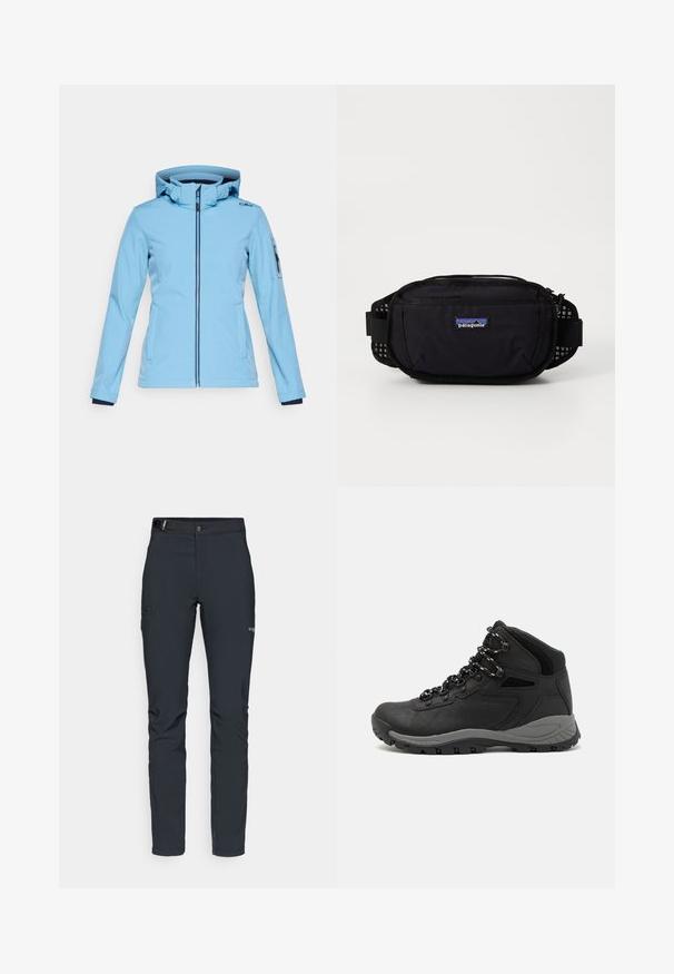 CMP ZIP HOOD - Softshell jakna - niagara; Bela skrajšana majica iz bombaža z okroglim izrezom in kratkimi rokavi. Ima črn logotip na levem prsnem delu.; Moške zunanje hlače, temno siva, izdelane iz fleksibilnega materiala, z pasom, žepom na zadrgo in ojačanim šivanjem.; Črne pohodniške čevlje z srednje visokim dizajnom, ki imajo teksturirano zgornji del, sivi dodatki in vzdržljiv gumen podplat s protizdrsnimi izboklinami.; Črn Patagonia pasni nahrbtnik z zadrgo na glavni prekat, mrežastimi detajli ob straneh in nastavljivim trakom. Ima blagovno znamko na sprednji strani.