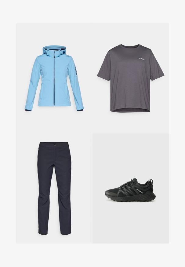 CMP ZIP HOOD - Jachetă softshell - niagara; Tricou gri cu mânecă scurtă, confecționat dintr-un material neted. Prezintă un guler rotund și un mic logo imprimat pe piept.; Pantaloni bleumarin dintr-un material neted, cu închidere frontală cu buton, croială slim-fit și detalii pliate la genunchi.; Columbia PEAKFREAK - Pantofi drumeție - black