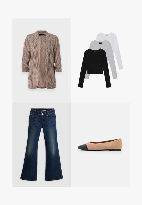 Geruite blazer in bruintinten met een lichte binnenvoering, lange mouwen opgerold bij de manchetten en een getailleerde snit.; Drie langmouwige tops gestapeld: zwart, grijs en wit. Elke top heeft een ronde halslijn en een cropped ontwerp van soepel, lichtgewicht materiaal.; Donkerblauwe spijkerbroek met superlage flare, voorzien van voor- en achterzakken, dubbele knoopsluiting en vervaagde details op de bovenbenen en knieën.; Beige suède ballet flats met een zwarte leren ronde neuskap, lage hak en een gladde textuur, met minimale stiksels en een schone uitstraling.