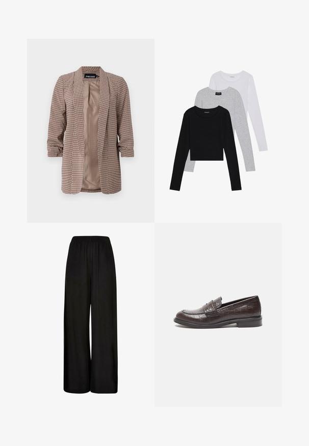Károvaná sako v hnedých tónoch s svetlým vnútorným podšívaním, dlhé rukávy s prehnutými manžetami a strih na mieru.; Tričko s dlhým rukávom v troch farbách: čiernej, sivej a bielej. Každé má okrúhly výstrih a skrátený strih vyrobený z hladkej, ľahkej tkaniny.; Čierne široké nohavice vyrobené z hladkej tkaniny. Majú elastický pás a voľný, splývavý strih pre pohodlie a voľnosť pohybu.; Tmavohnedé kožené mokasíny s textúrou krokodíla, nízkym podpätkom a prešívaním vpredu pre zvýraznenie dizajnu.