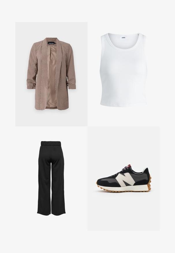 Karirani sako u smeškim tonovima s laganom unutrašnjom oblogom, duži rukavi podvrnuti na manžetama i kroj koji ističe figuru.; Bijela rebrasta majica bez rukava s okruglim izrezom i skraćenom dužinom. Na etiketi piše "JJXX." Glatka tekstura tkanine.; Crne hlače širokih nogavica s elastičnom waistbandom, izrađene od glatkog materijala. Imaju jednostavan dizajn bez džepova ili vidljivih šavova.; Crne i sive suede tenisice s velikim kremastim logom "N", ljubičastim pertlama i teksturiranim gumiranim potplatom.