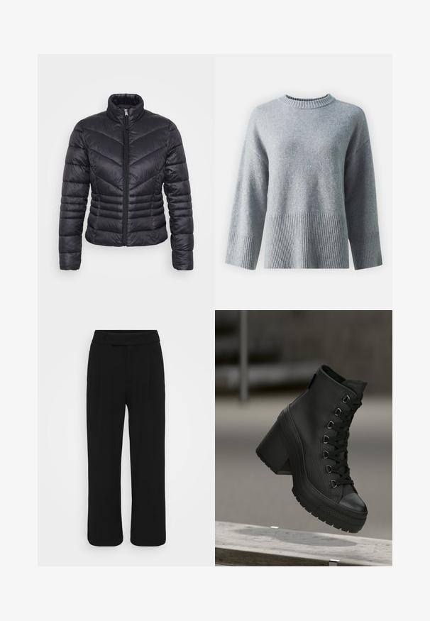 Black puffer jacket with a high collar, zip closure, chevron quilted pattern, and a fitted design. Made from lightweight, shiny material.; Gray sweater with a crew neck, featuring a textured ribbed hem and cuffs, made from soft fabric with a smooth finish.; Black wide-leg pants made of a smooth fabric, featuring a flat front, belt loops, and no visible pockets. Clean, tailored design.; Black high-top platform boots with a textured leather finish, front lacing, and chunky heel. Features a rubber sole with distinct tread patterns.