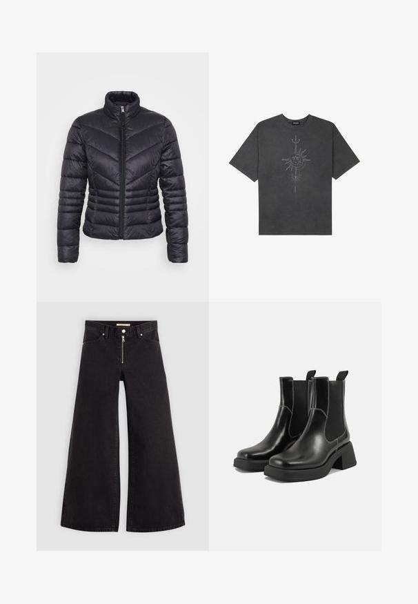 Black puffer jacket with a high collar, zip closure, chevron quilted pattern, and a fitted design. Made from lightweight, shiny material.; Dark gray oversized t-shirt made of cotton, featuring a central sun graphic with intricate line details printed on the front.; Wide-leg jeans in black denim with a zippered front, five-pocket design, and subtle stitching details. Smooth texture and casual style.; Black leather Chelsea boots with a chunky heel, elastic side panels, and contrasting white stitching. Textured finish.